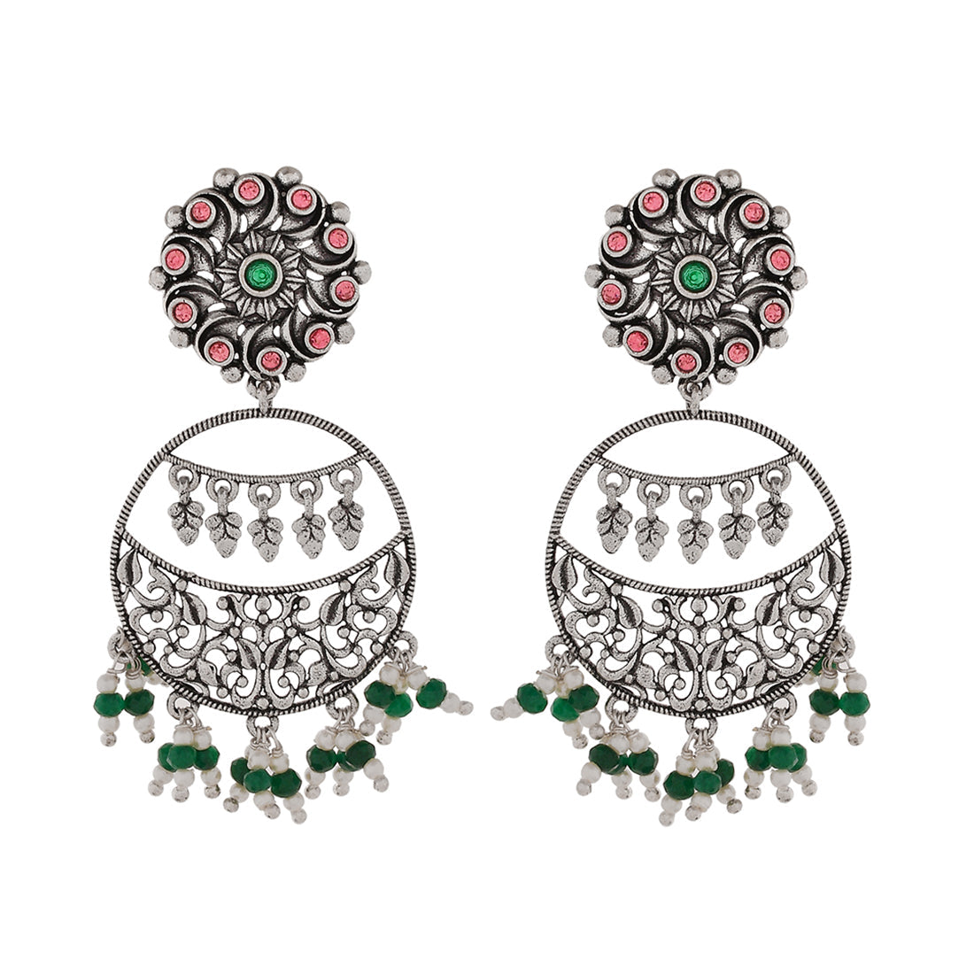 Women's Abharan Pink Stones And Pearls Drop Earrings - Voylla