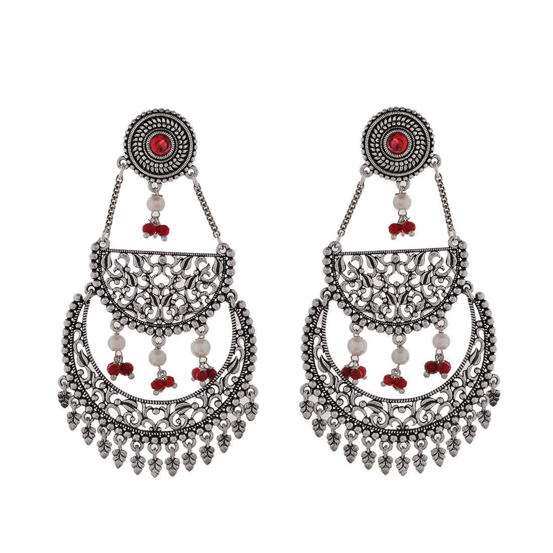 Women's Abharan Pink Stones And Pearls Layered Drop Earrings - Voylla