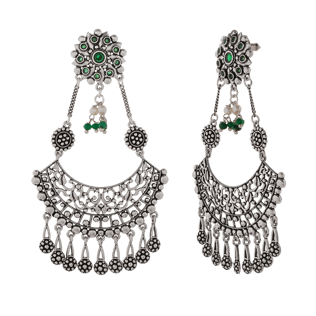 Women's Abharan Round Cut Green Stones And Pearls Drop Earrings - Voylla