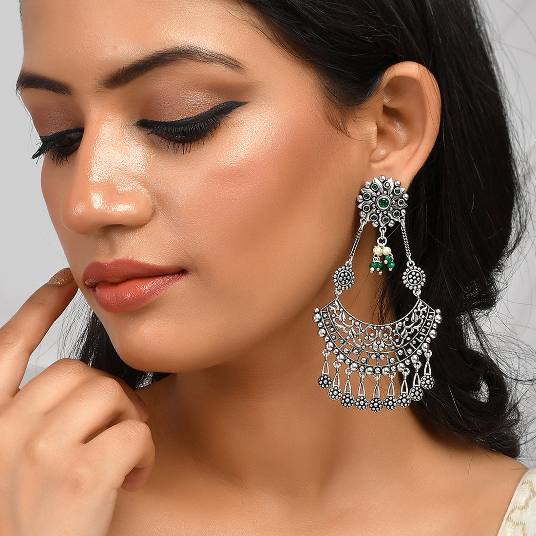 Women's Abharan Round Cut Green Stones And Pearls Drop Earrings - Voylla