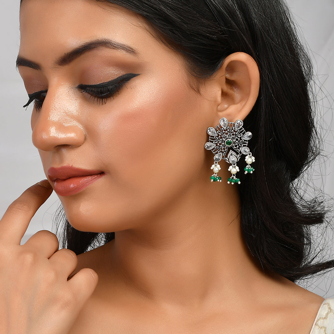 Women's Abharan Teardrop Cut White Stones And Pearls Stud Earrings - Voylla