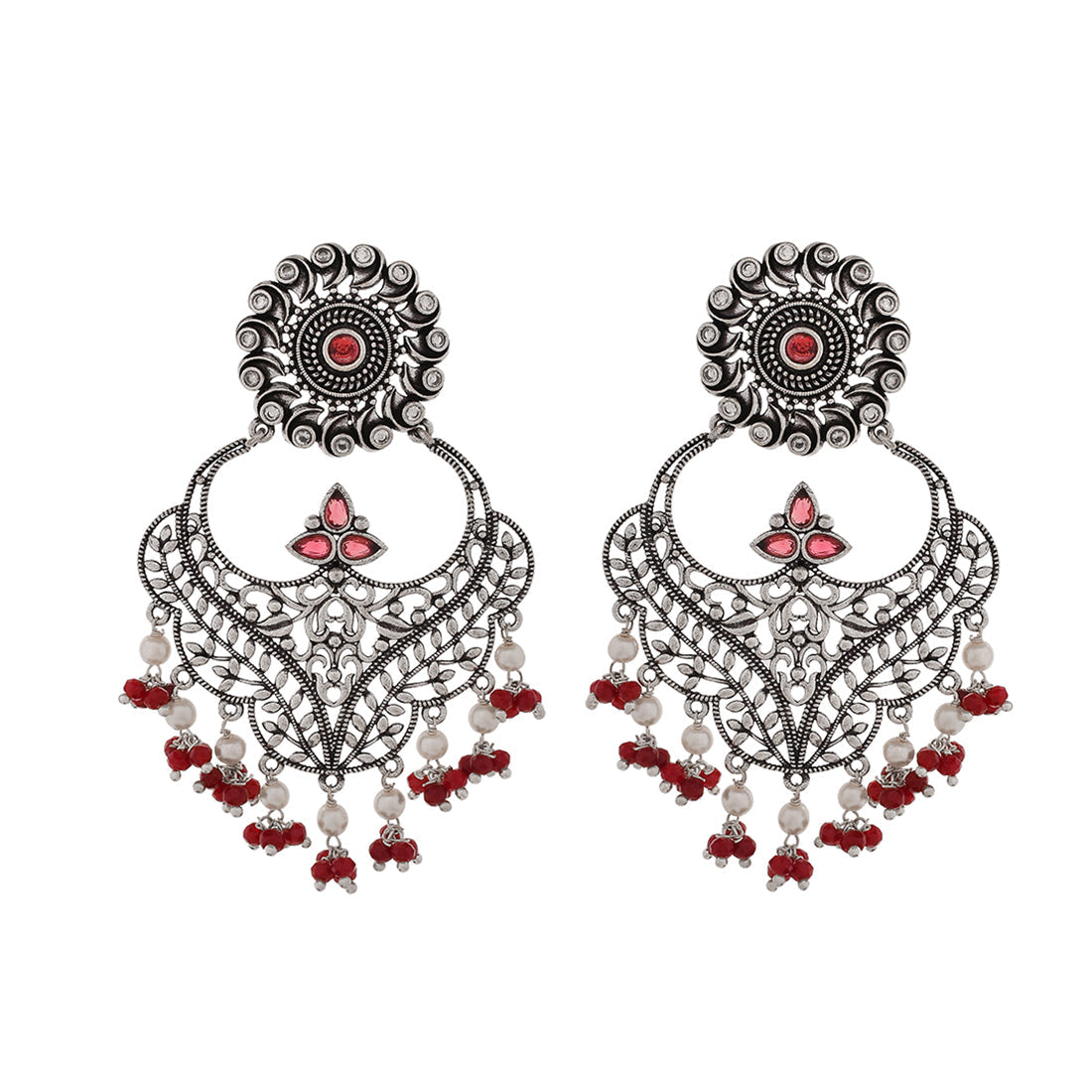 Women's Abharan Round Cut Red And White Stones And Pearls Ethnic Earrings - Voylla