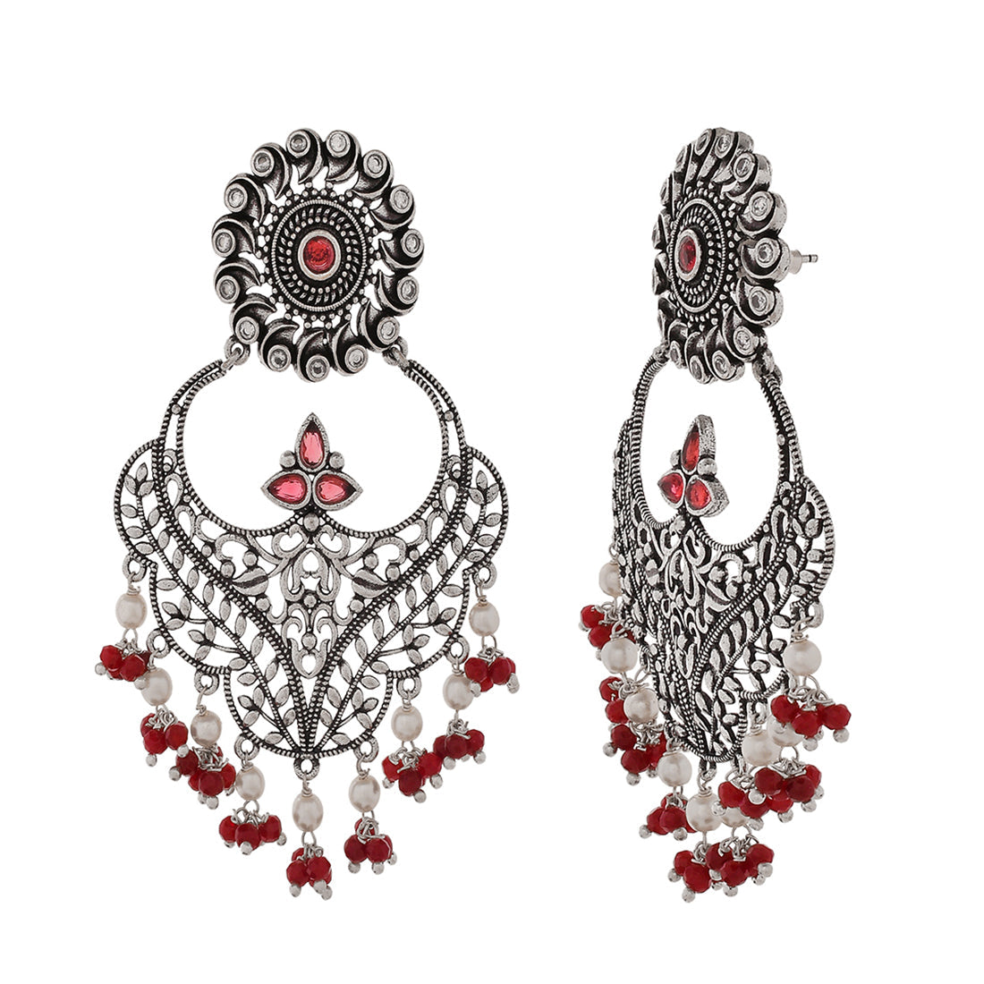 Women's Abharan Round Cut Red And White Stones And Pearls Ethnic Earrings - Voylla