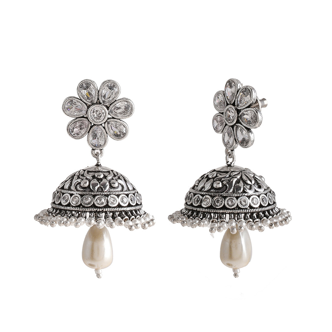 Women's Abharan Teardrop Cut White And Pearls Floral Jhumka Earrings - Voylla