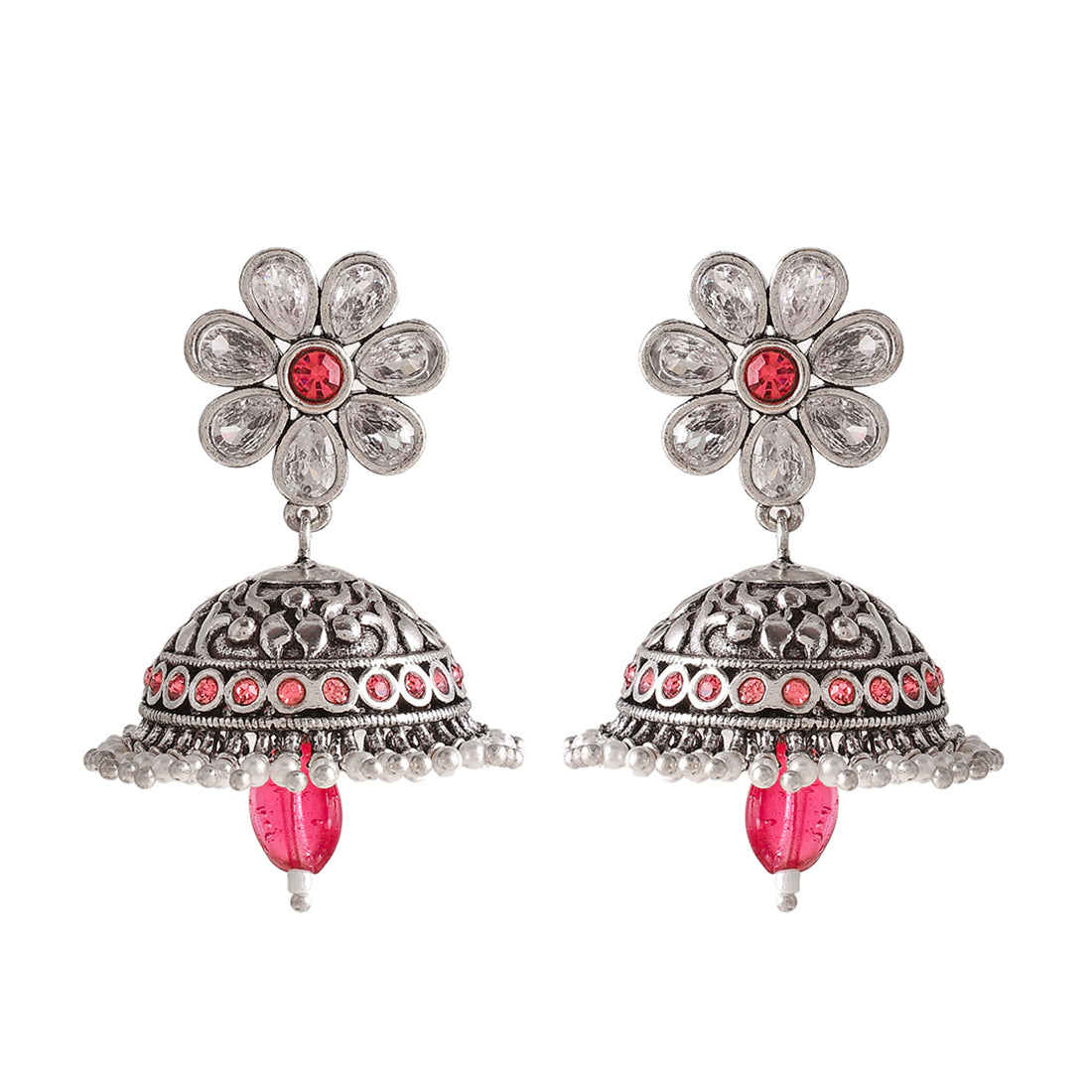 Women's Abharan White Stones And Pearls Floral Jhumka Earrings - Voylla
