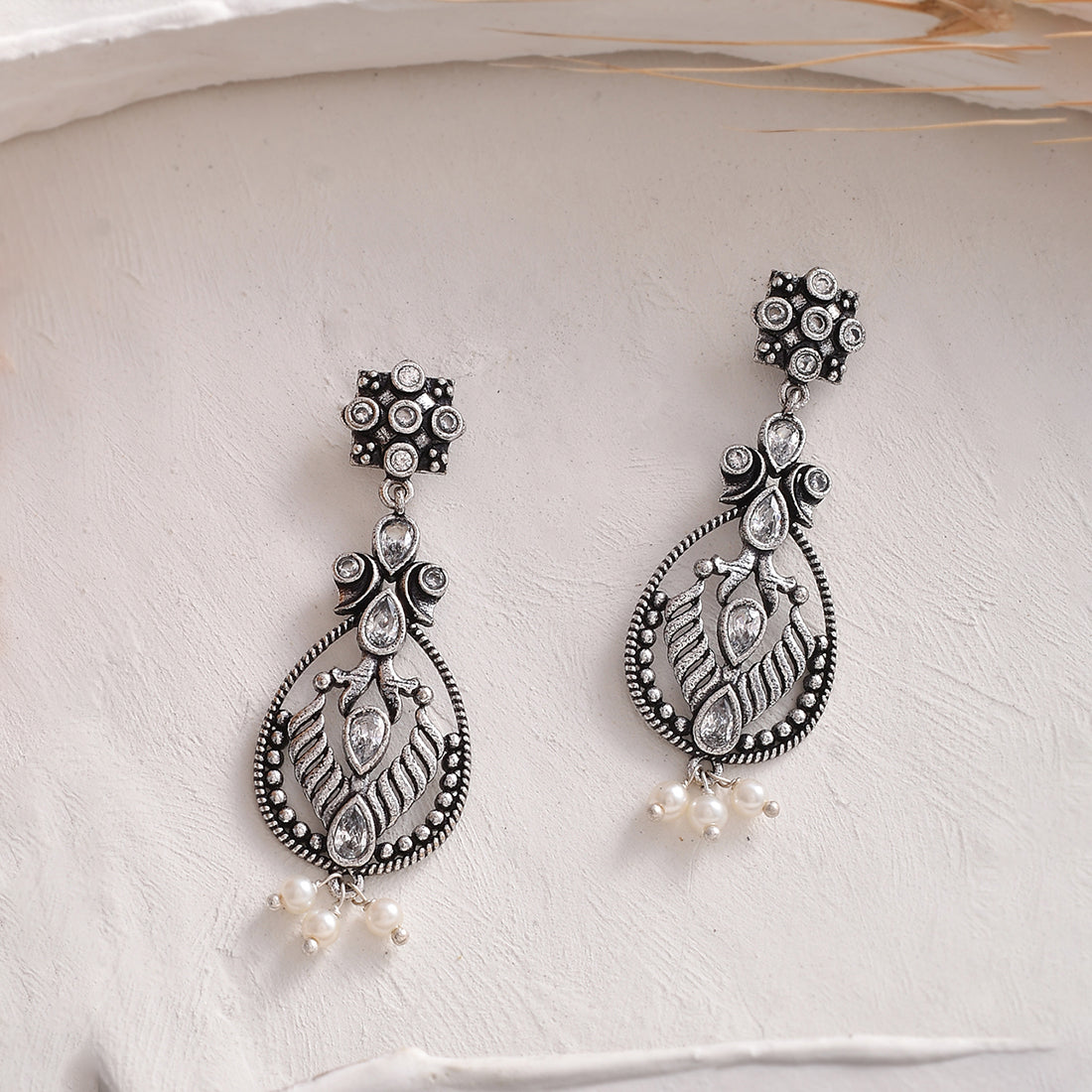 Women's Abharan Oxidised Silver Plated White Pearls Drop Earrings - Voylla