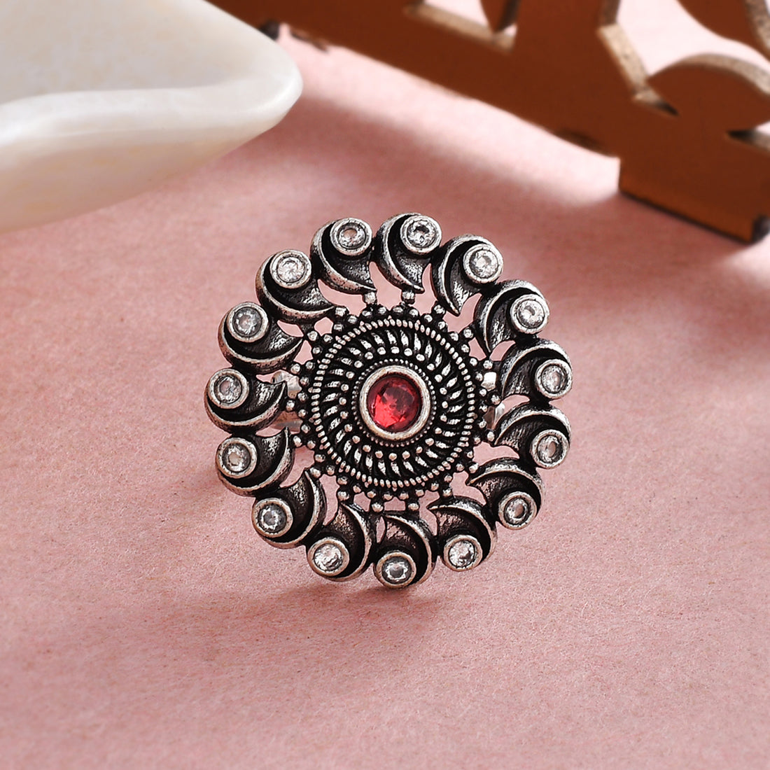 Women's Abharan Red And White Round Cut Stones Ring - Voylla