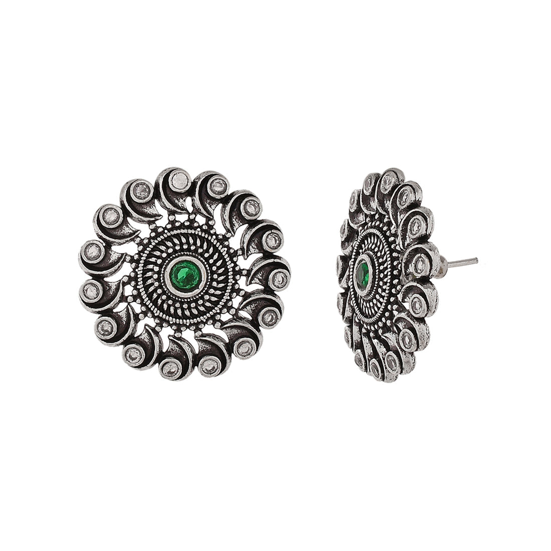 Women's Abharan Green And White Round Cut Stones Stud Earrings - Voylla