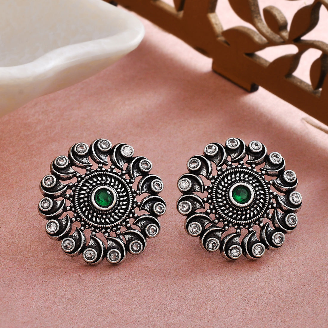 Women's Abharan Green And White Round Cut Stones Stud Earrings - Voylla