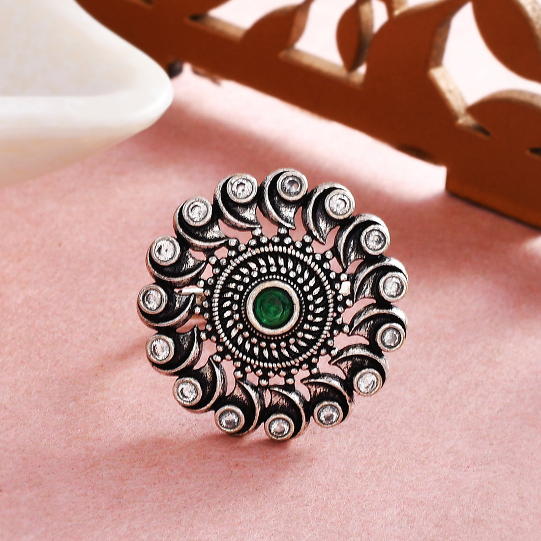 Women's Abharan Green And White Round Cut Stones Ring - Voylla