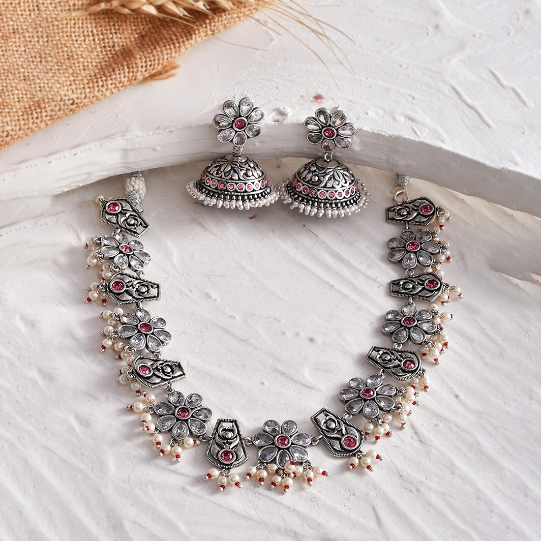 Women's Abharan White Stones And Pearls Floral Jewellery Set - Voylla