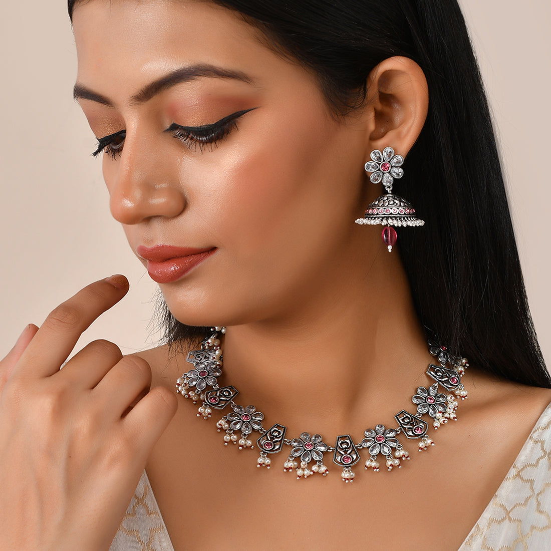 Women's Abharan White Stones And Pearls Floral Jewellery Set - Voylla
