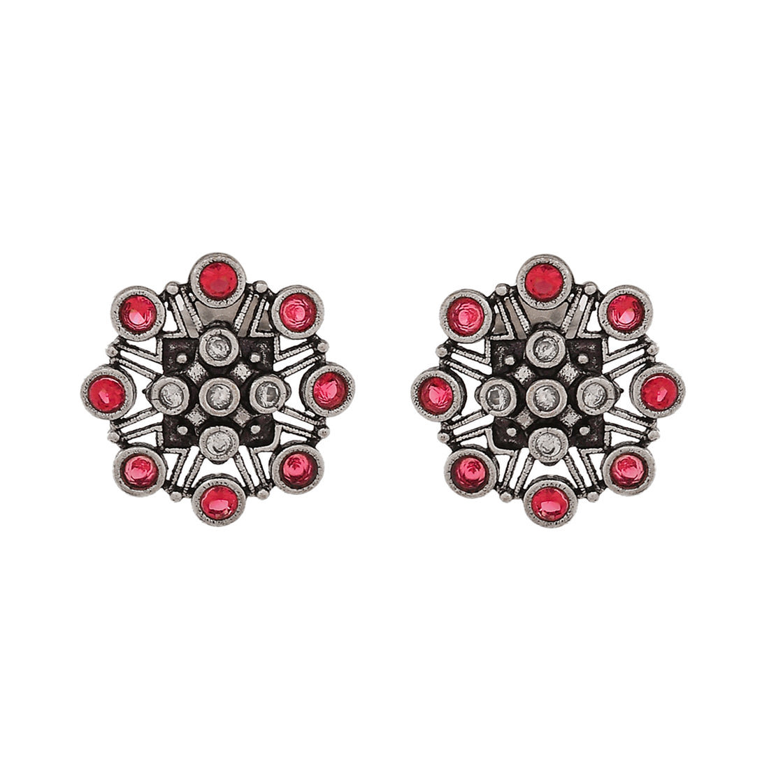 Women's Abharan White And Red Round Cut Stones Stud Earrings - Voylla