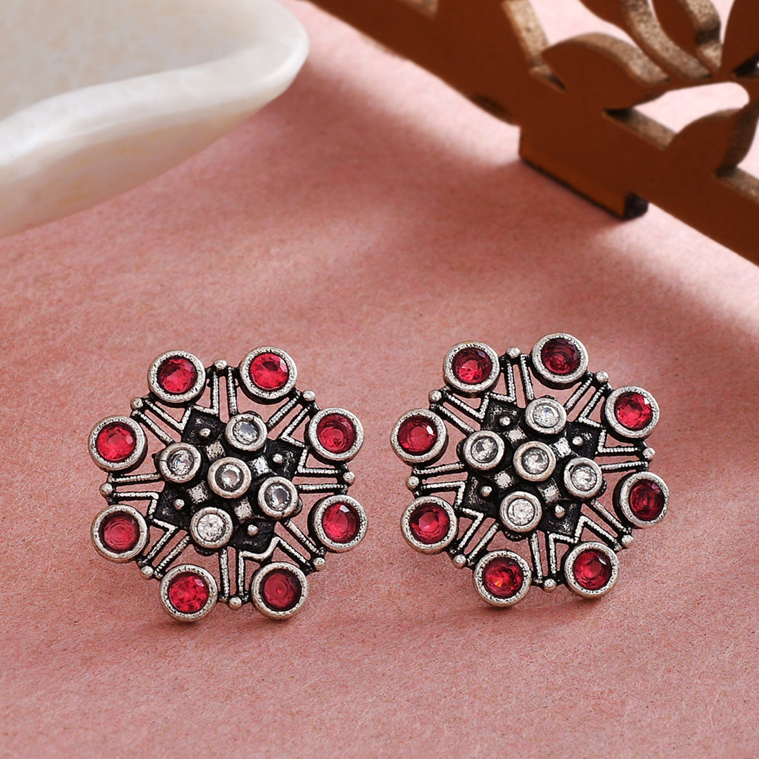 Women's Abharan White And Red Round Cut Stones Stud Earrings - Voylla