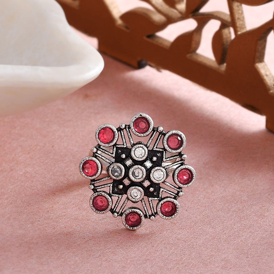 Women's Abharan Pink Round Cut Stones Floral Ring - Voylla