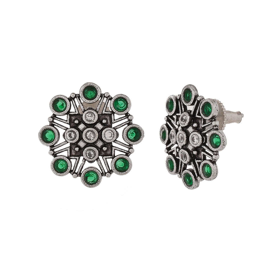 Women's Abharan Green Round Cut Stones Stud Earrings - Voylla