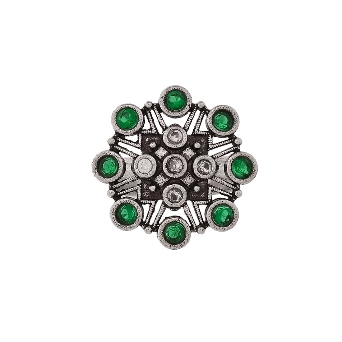 Women's Abharan Green Round Cut Stones Floral Ring - Voylla