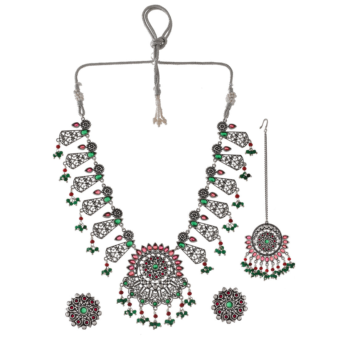 Women's Abharan Green And Red Stones And Pearls Opulent Jewellery Set - Voylla