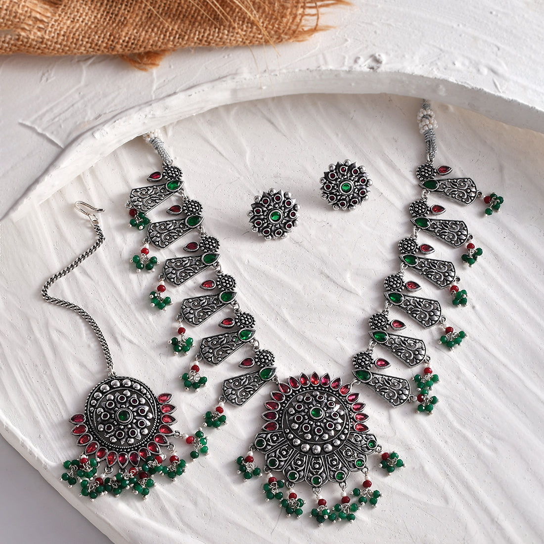 Women's Abharan Green And Red Stones And Pearls Opulent Jewellery Set - Voylla