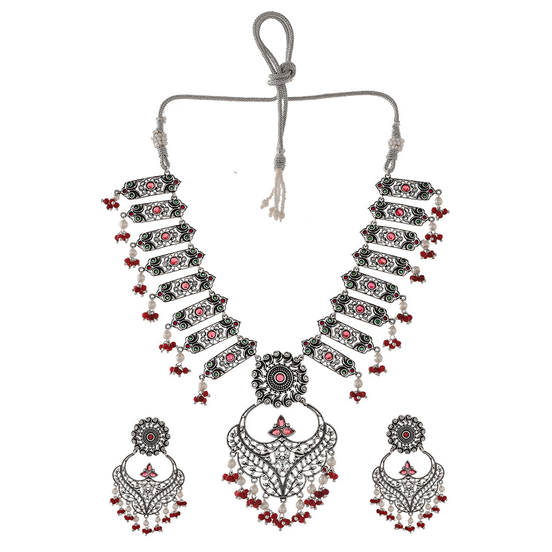 Women's Abharan White And Red Stones And Pearls Opulent Jewellery Set - Voylla