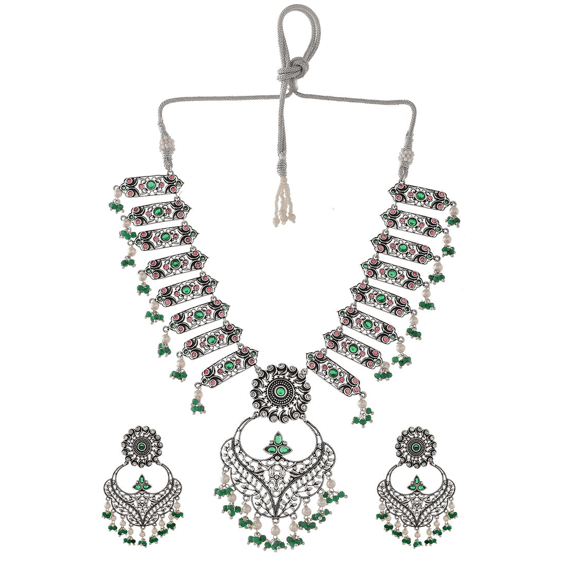 Women's Abharan Ethnic White Pearls And Green Stones Jewellery Set - Voylla