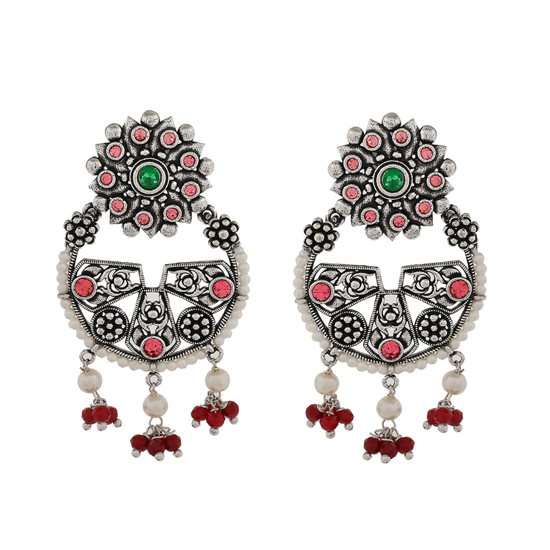 Women's Abharan Pink Stones And White Pearls Floral Earrings - Voylla