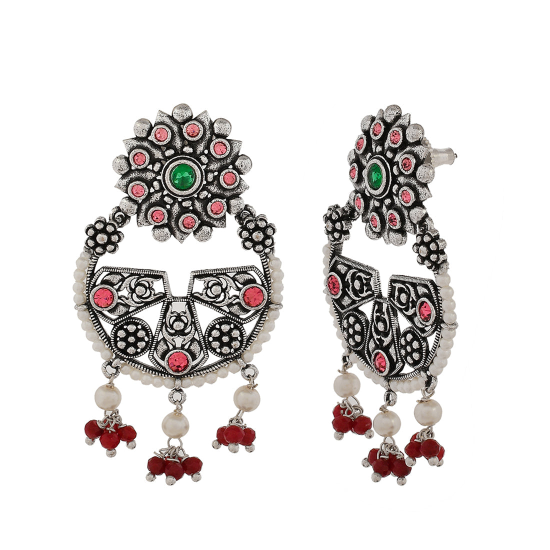 Women's Abharan Pink Stones And White Pearls Floral Earrings - Voylla