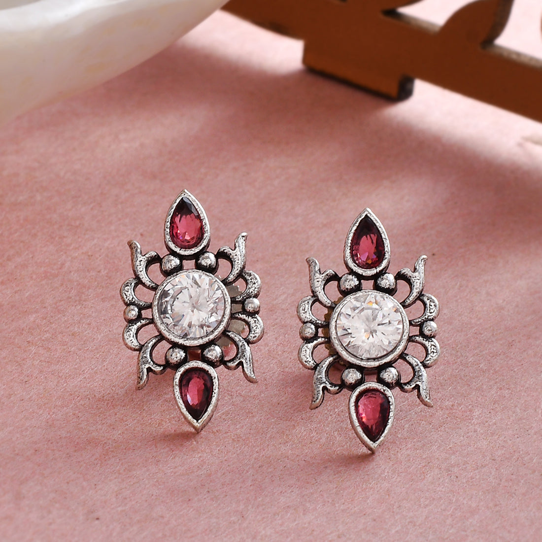 Women's Abharan Casual White And Red Stones Stud Earrings - Voylla