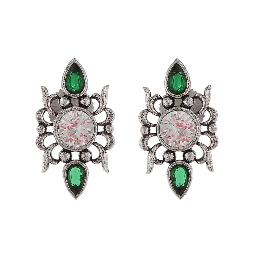 Women's Abharan Casual White And Green Stones Stud Earrings - Voylla