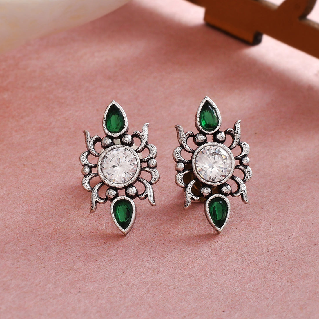 Women's Abharan Casual White And Green Stones Stud Earrings - Voylla