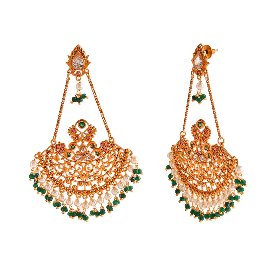 Women's Abharan Ethnic White Pearls And Green Stones Filigree Earrings - Voylla