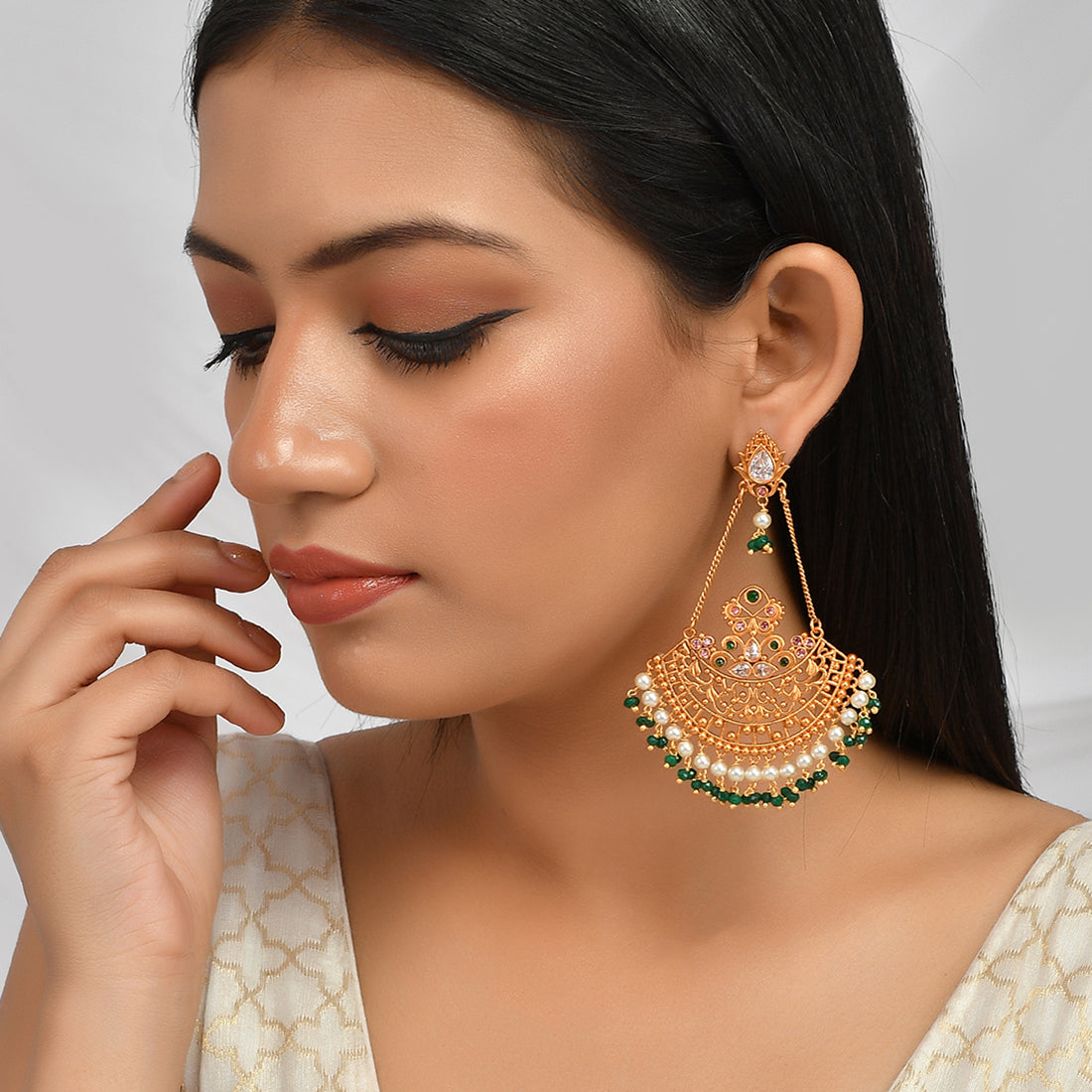 Women's Abharan Ethnic White Pearls And Green Stones Filigree Earrings - Voylla