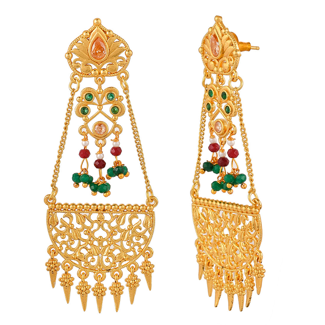 Women's Abharan Stones And Pearls Gold Plated Drop Earrings - Voylla