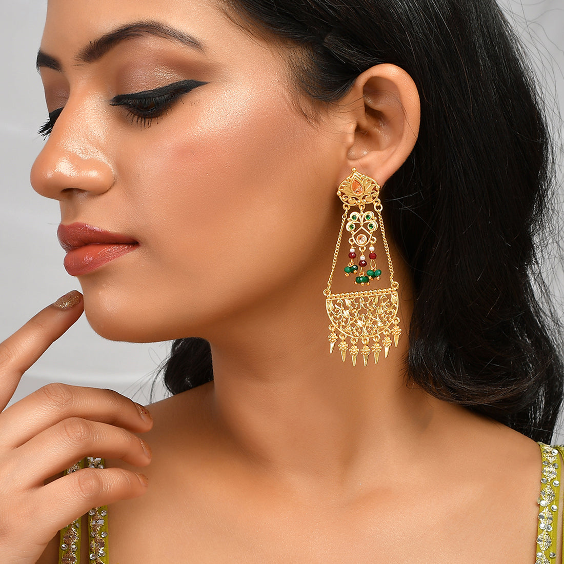 Women's Abharan Stones And Pearls Gold Plated Drop Earrings - Voylla