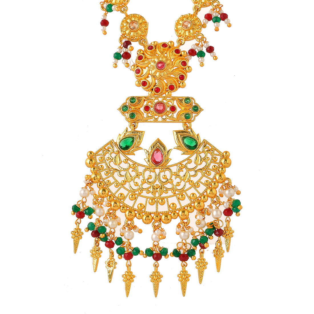 Women's Abharan Red And Green Stones Filigree Jewellery Set - Voylla
