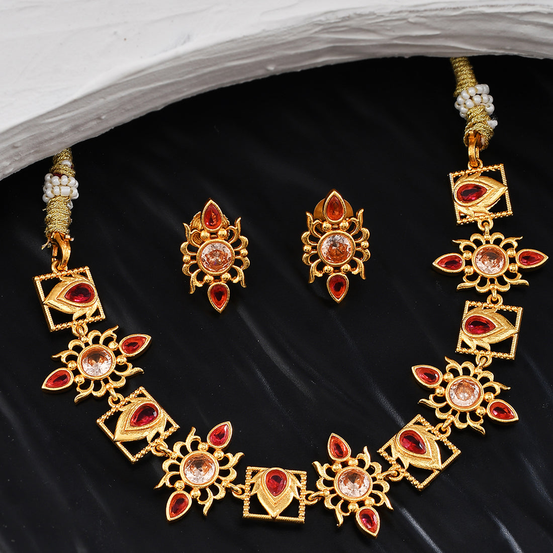 Women's Abharan Teardrop Cut Red Stones Jewellery Set - Voylla