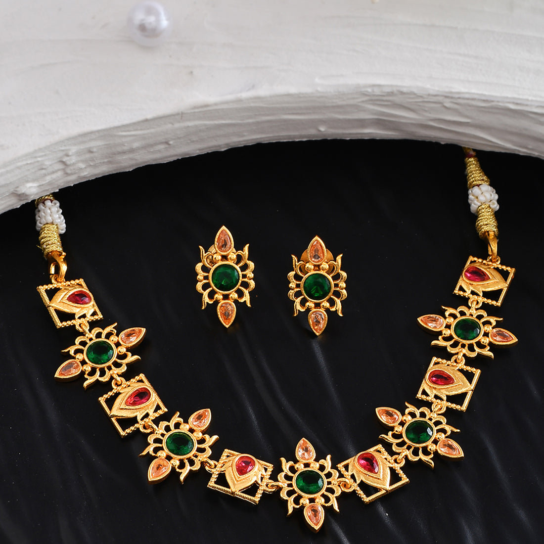 Women's Abharan Green And Red Stones Gold Plated Jewellery Set - Voylla