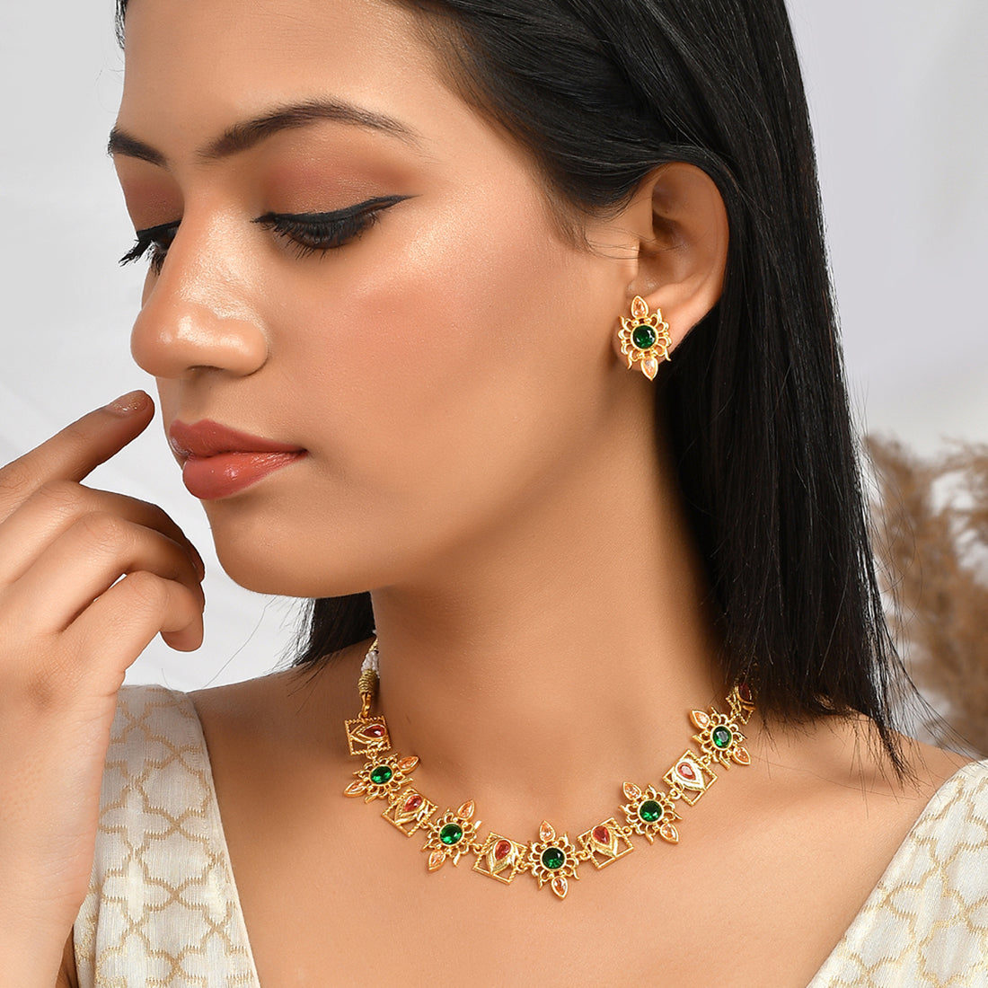 Women's Abharan Green And Red Stones Gold Plated Jewellery Set - Voylla
