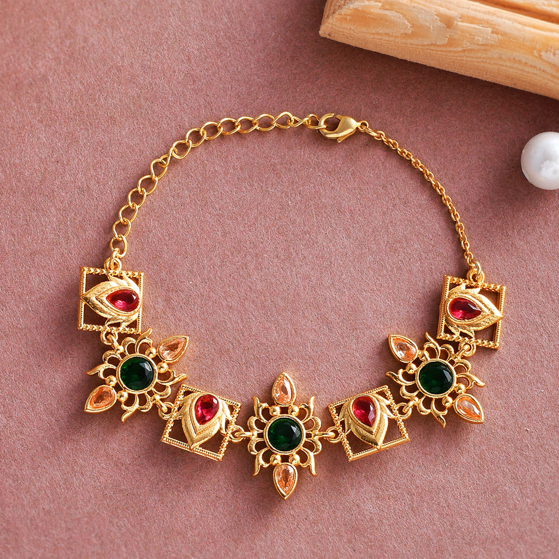 Women's Abharan Red And Green Stones Casual Bracelet - Voylla