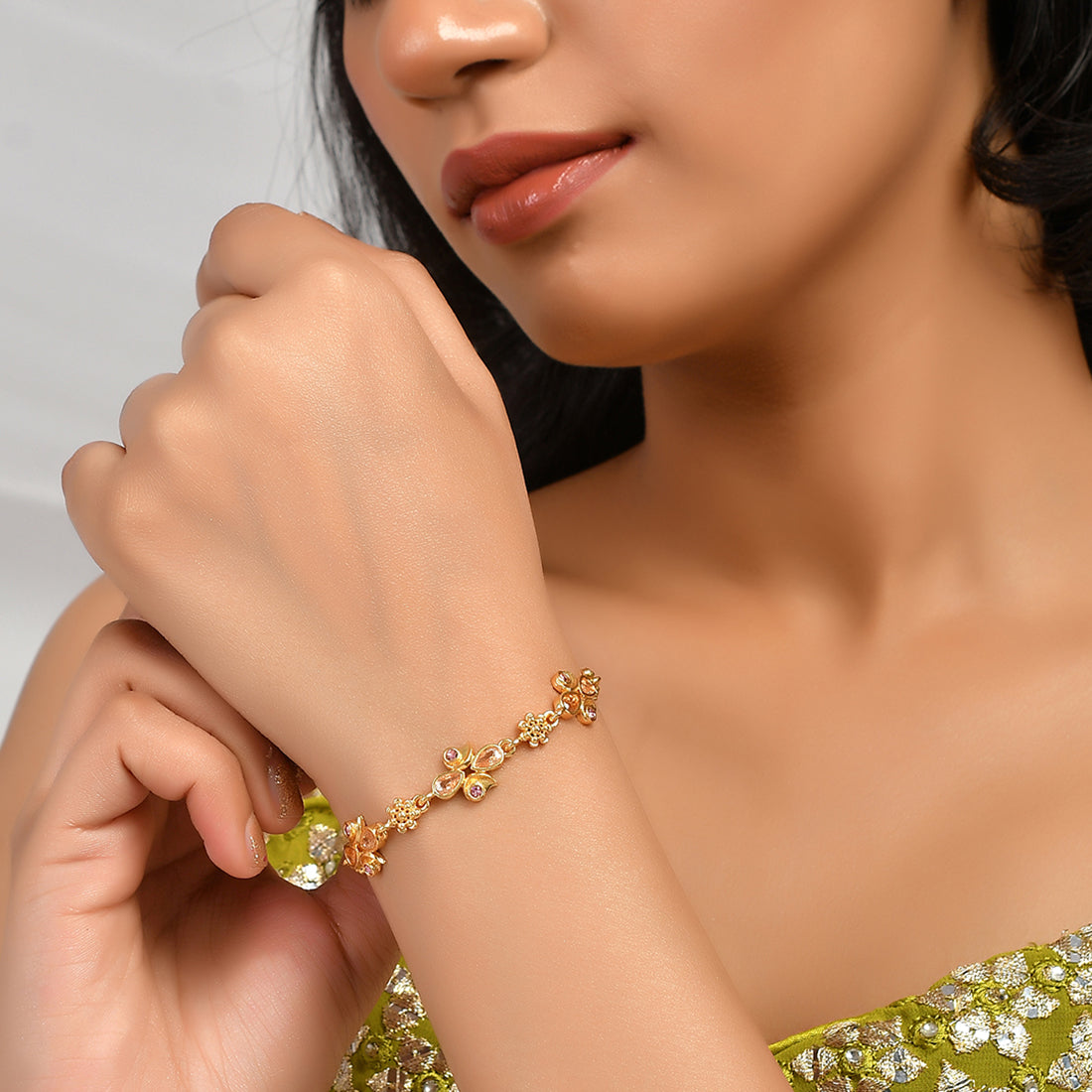 Women's Abharan Teardrop Cut Pink Stones Gold Plated Bracelet - Voylla