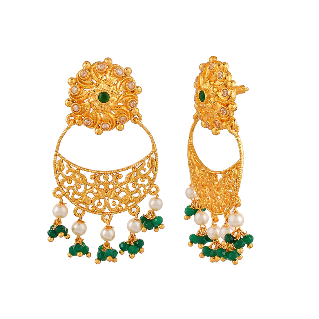 Women's Abharan Gold Plated Filigree Green Stone Earrings - Voylla