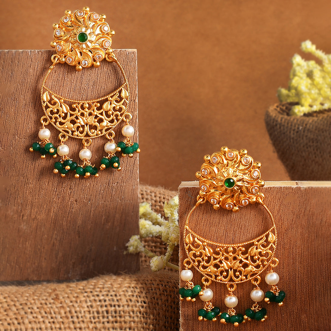 Women's Abharan Gold Plated Filigree Green Stone Earrings - Voylla