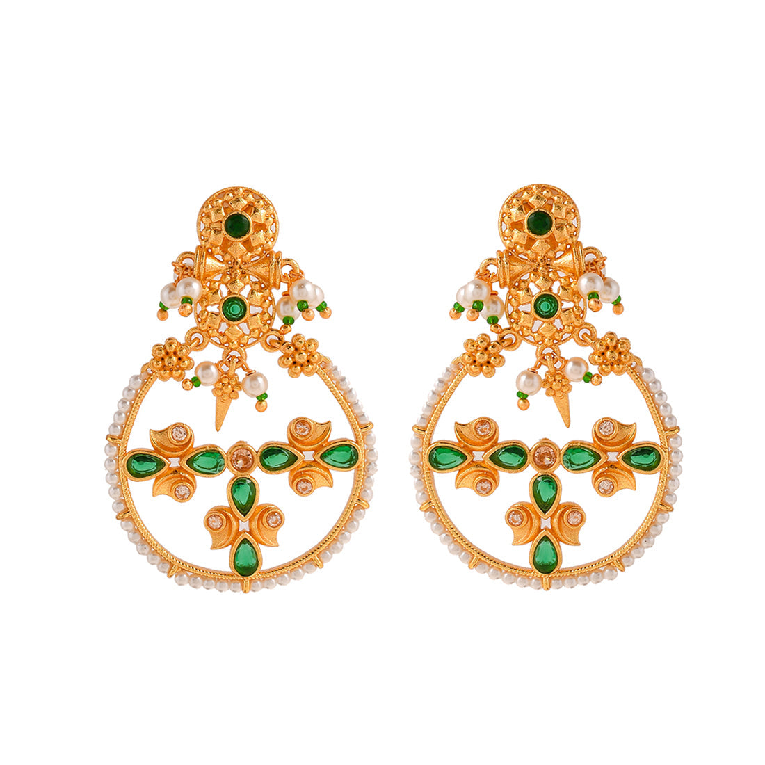 Women's Abharan Floral Motif Teardrop Cut Green Stones And Pearls Drop Earrings - Voylla