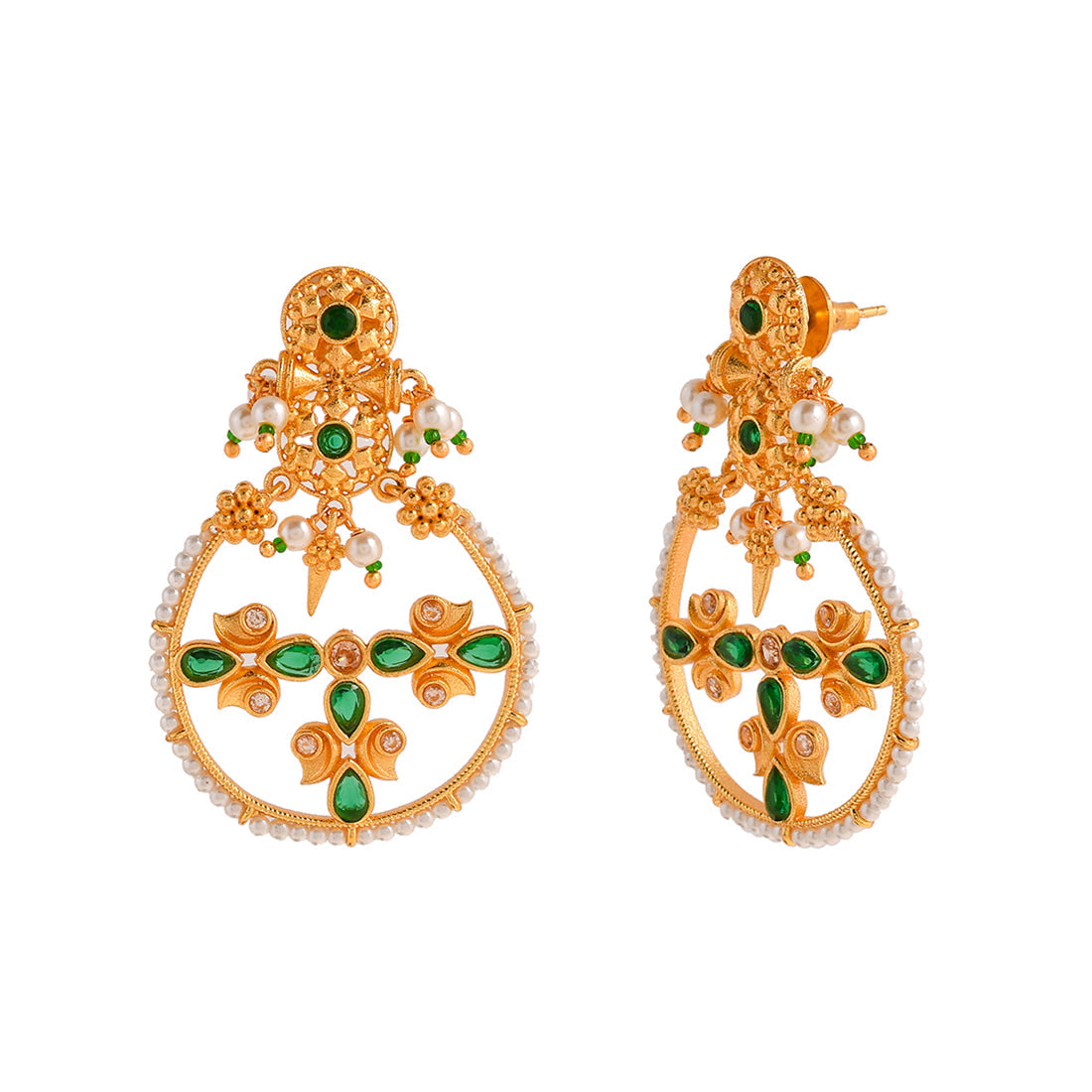 Women's Abharan Floral Motif Teardrop Cut Green Stones And Pearls Drop Earrings - Voylla