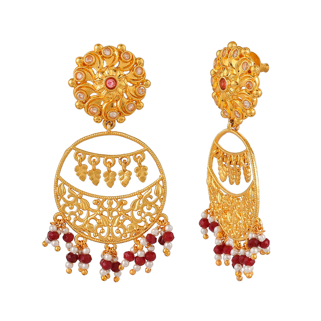 Women's Abharan Filigree Design Red Stones And Pearls Drop Earrings - Voylla