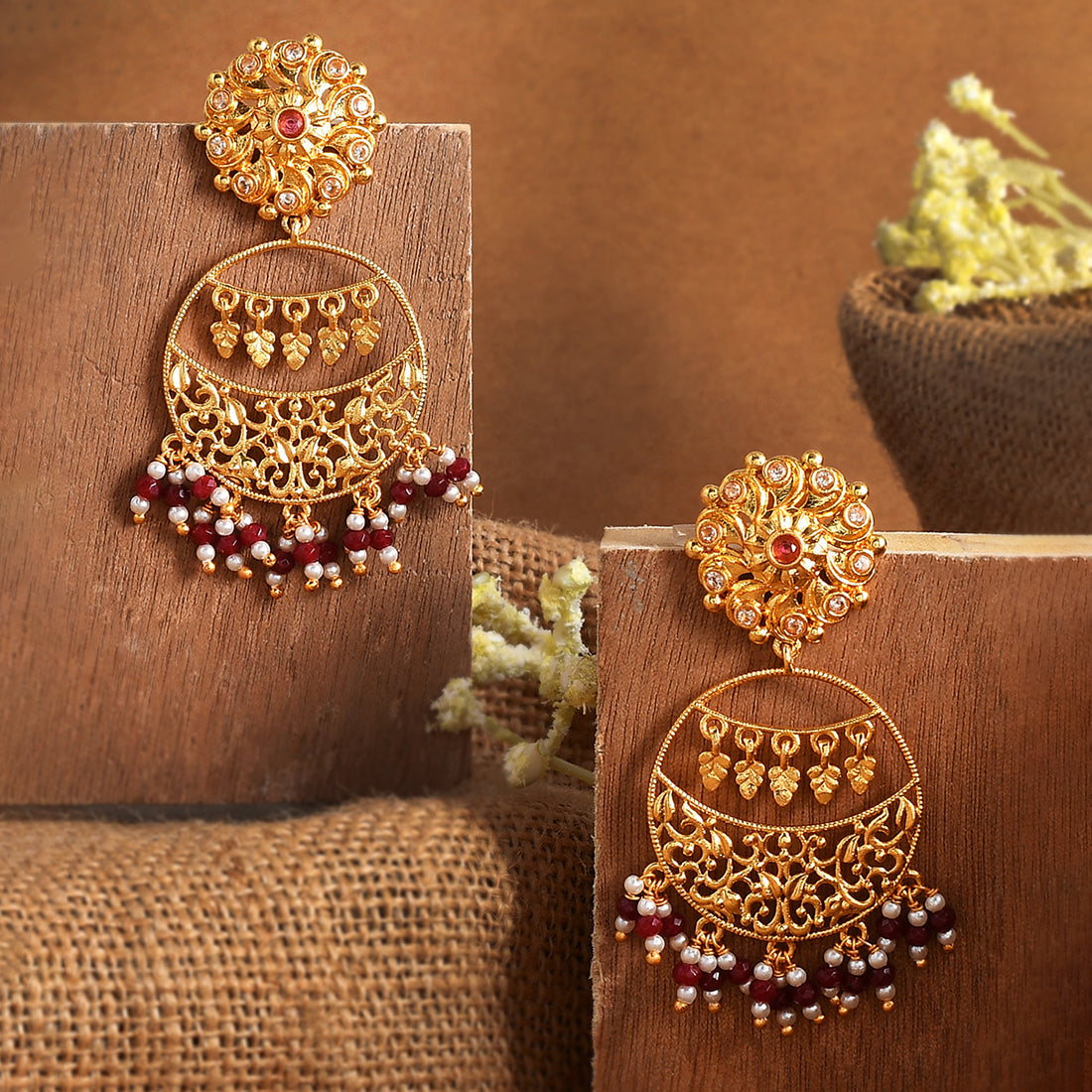 Women's Abharan Filigree Design Red Stones And Pearls Drop Earrings - Voylla