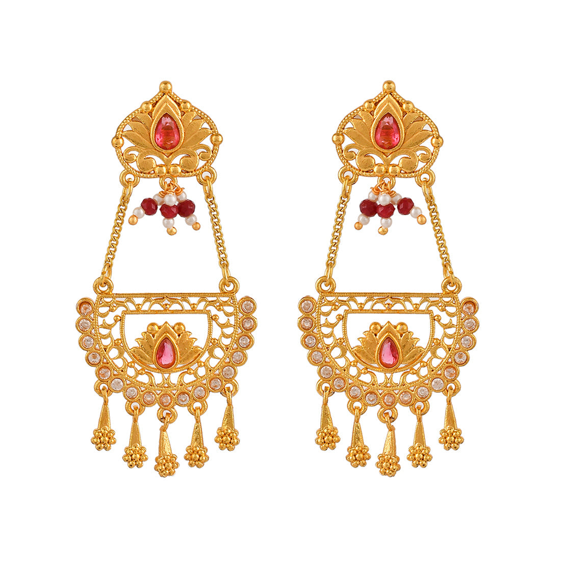 Women's Abharan Floral Red Stones And Pearls Ethnic Drop Earrings - Voylla