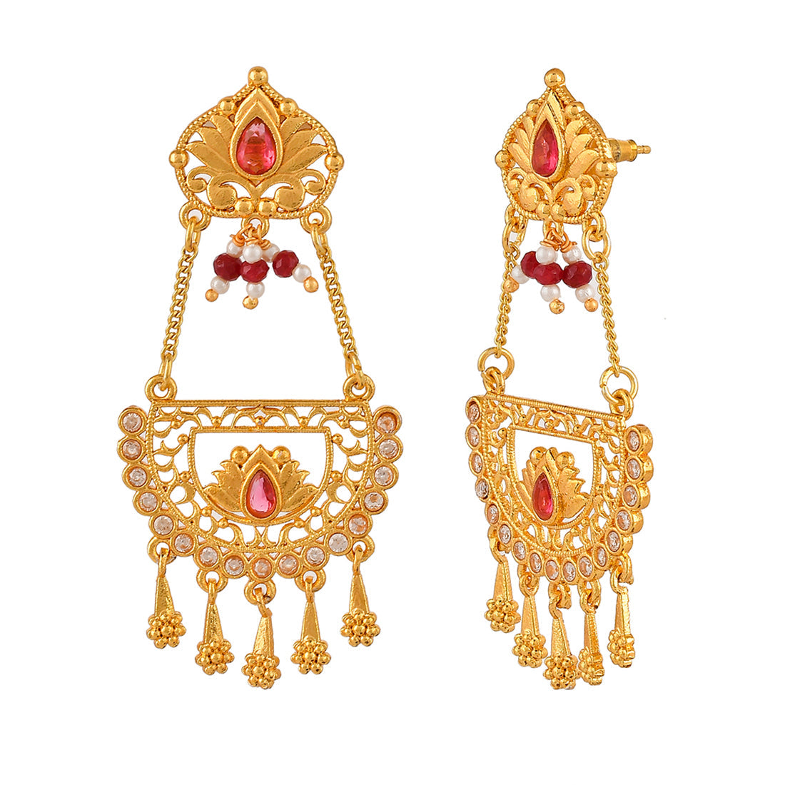Women's Abharan Floral Red Stones And Pearls Ethnic Drop Earrings - Voylla
