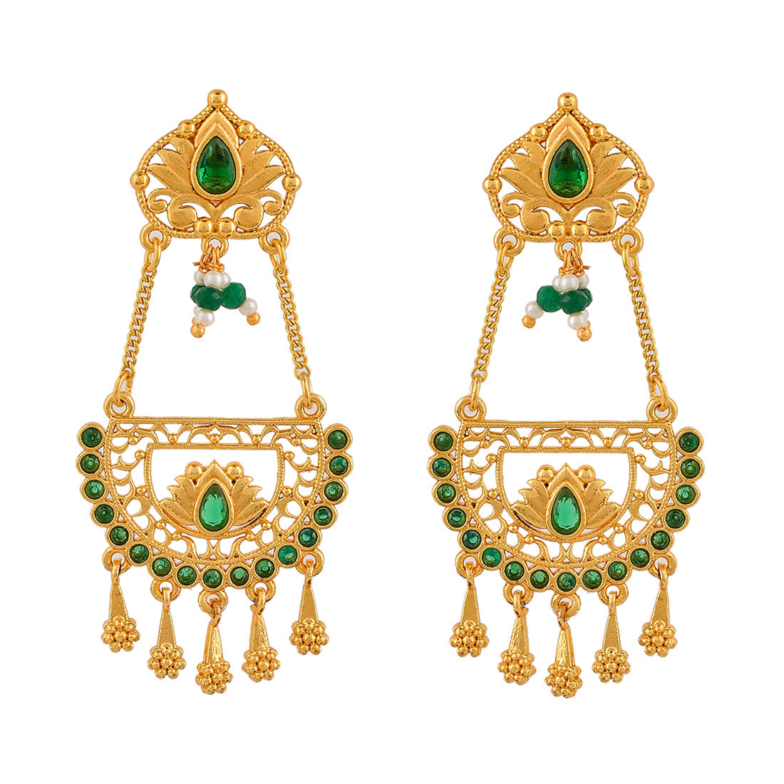 Women's Abharan Floral Green Stones And Pearls Ethnic Drop Earrings - Voylla