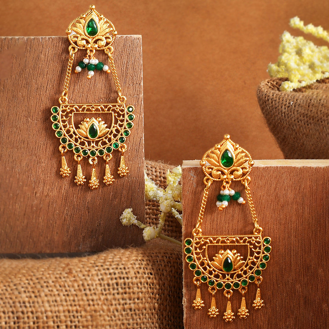 Women's Abharan Floral Green Stones And Pearls Ethnic Drop Earrings - Voylla